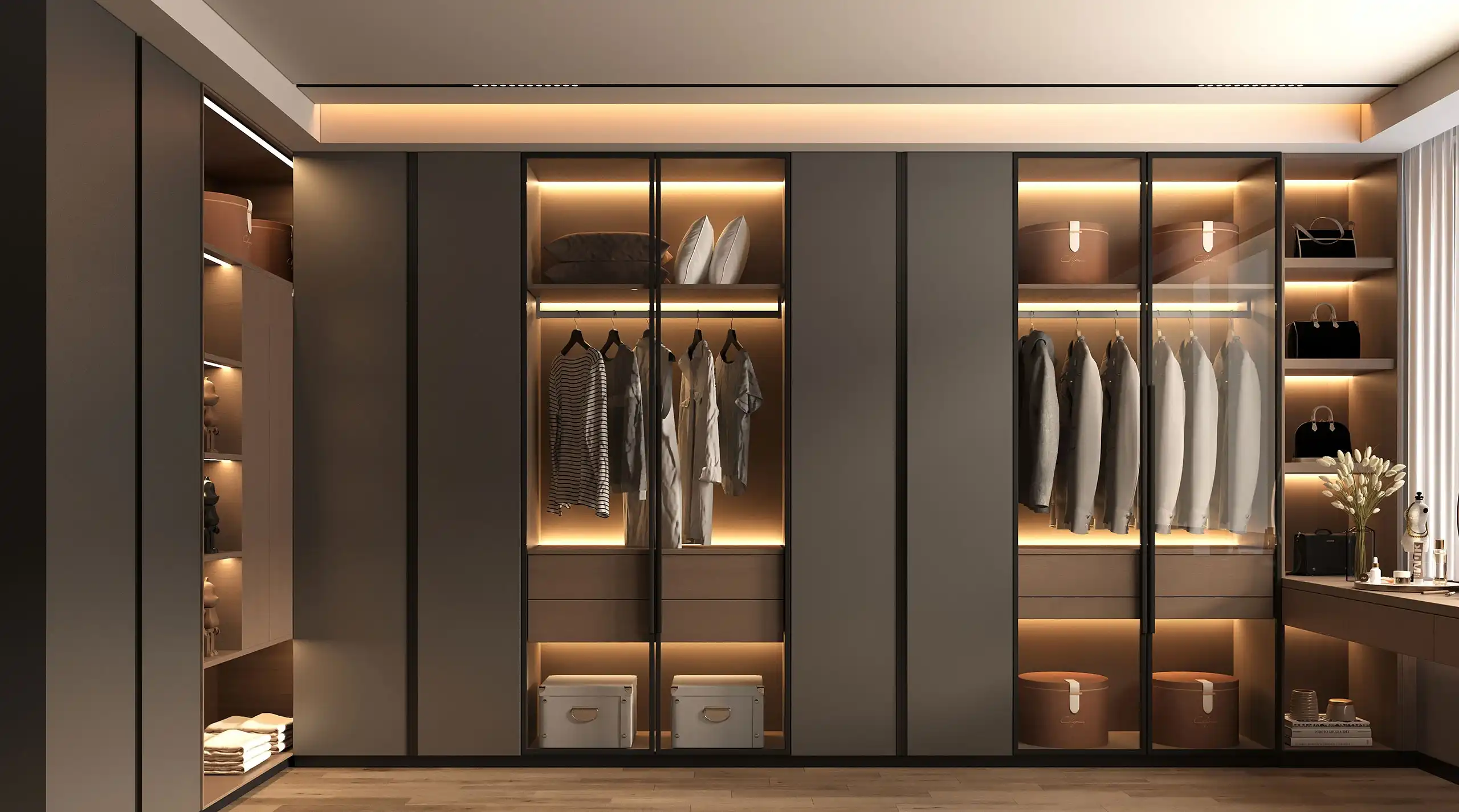 Luxury wardrobe with custom storage and elegant lighting | luxury interior designs in Dubai